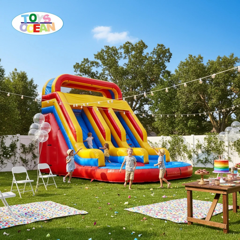 Red Yellow Blue Triple Lane In - огляд і ціна Water Slide Inflatable